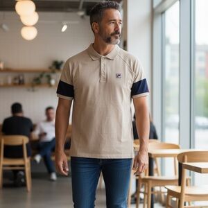 Fila Polo Short Sleeve Size Medium Khaki and Colorblock on sleeves